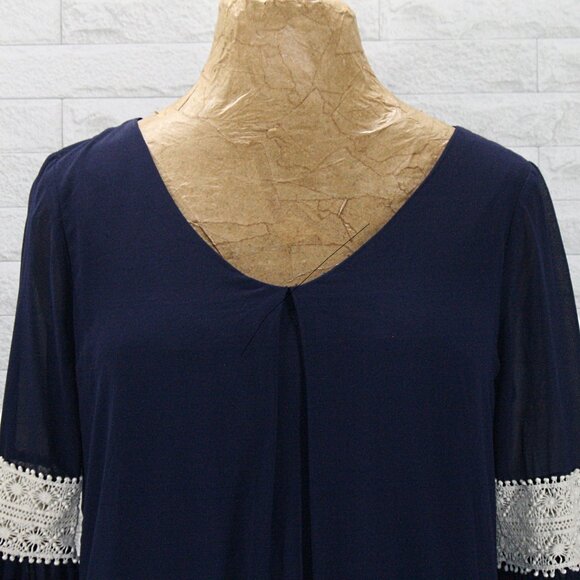 BY & BY Dress Mini Chiffon Lace Sheer Overlay Long Bell Sleeve Navy Blue Flowy M - Picture 2 of 12